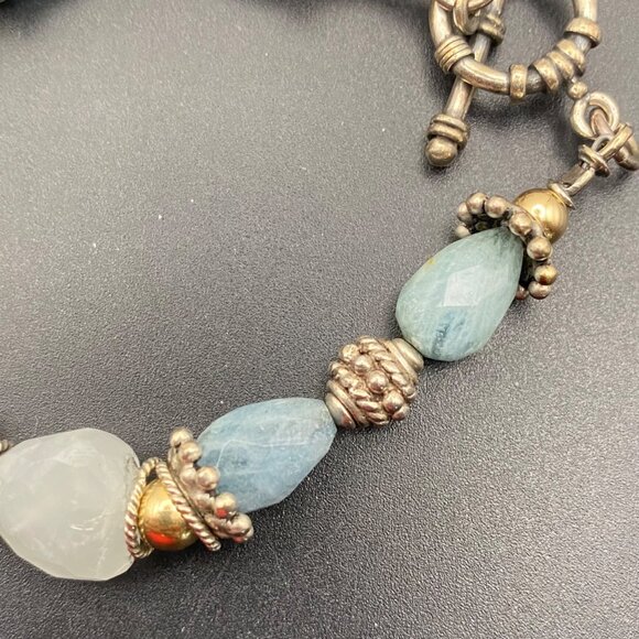 Sterling Silver & Vermeil Toggle Bracelet Blue Chalcedony Beads 6.5" 25.99g - Picture 7 of 12